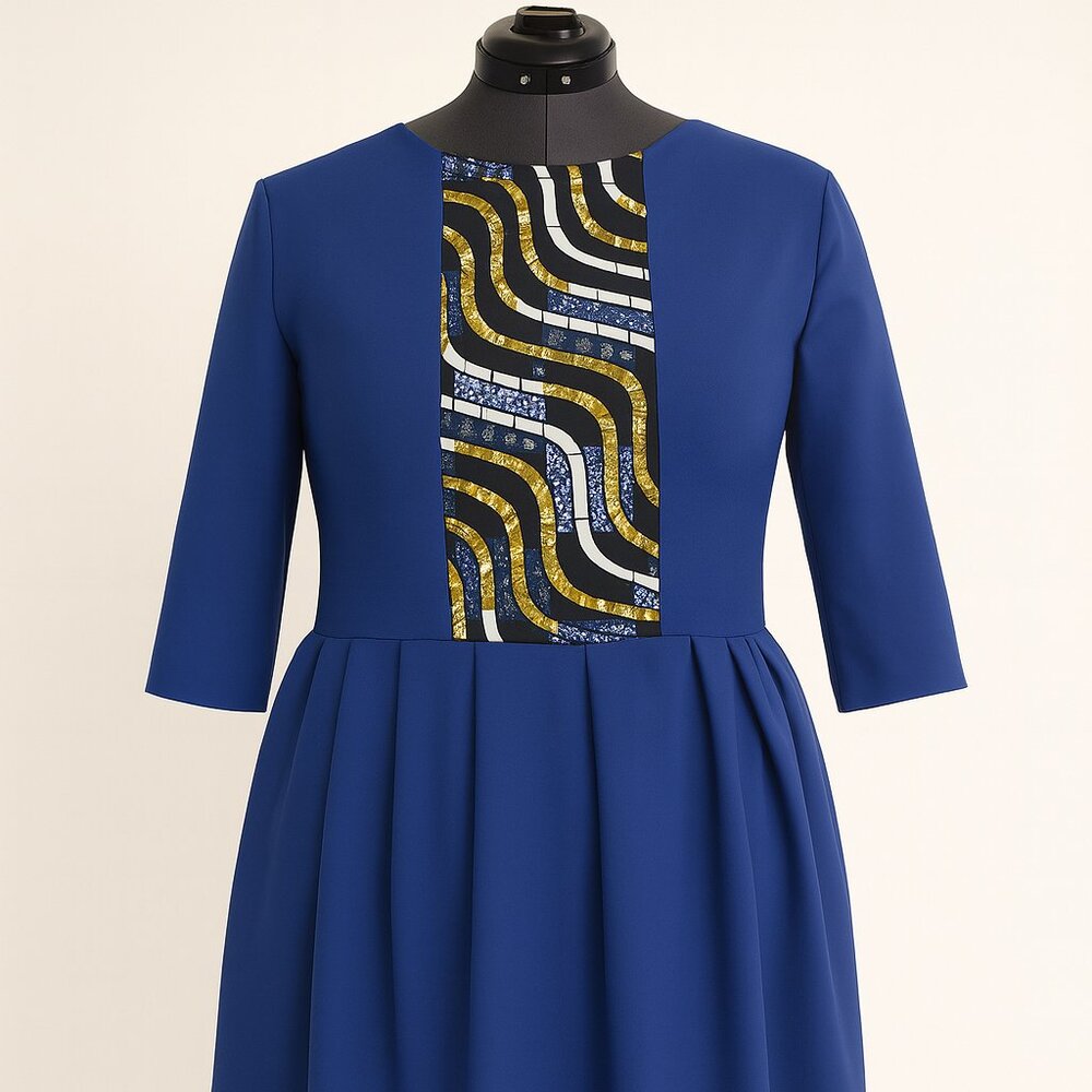 HANDMADE BLUE AND AFRICAN PRINT SKATER DRESS